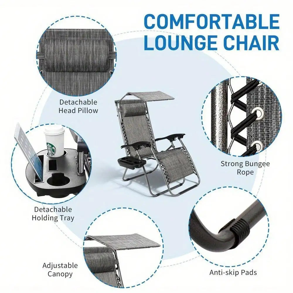 Heavy Duty Zero Gravity Folding Lounge Beach Chair With Canopy + Cup Holder Gray