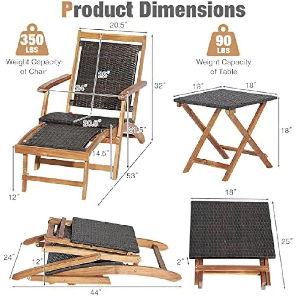 Patio Chaise Lounge Chairs and Table, Acacia Wood Folding Rattan Wicker Chairs w/Retractable Footrest, Side Table, 3-Pieces