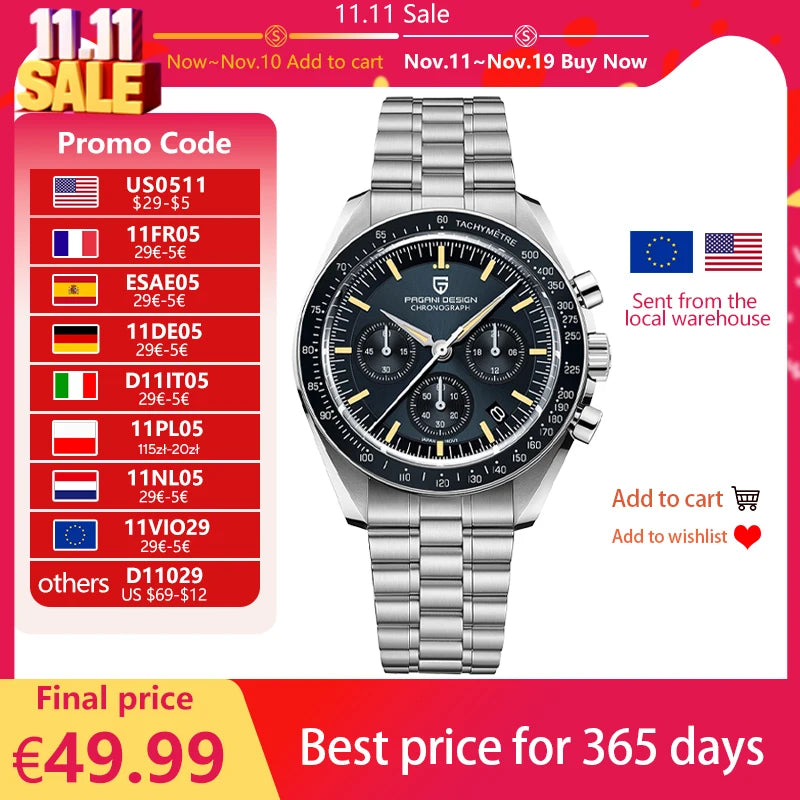 Pagani Design CK2998 Moon Watch Tribute Stainless Steel Chronograph