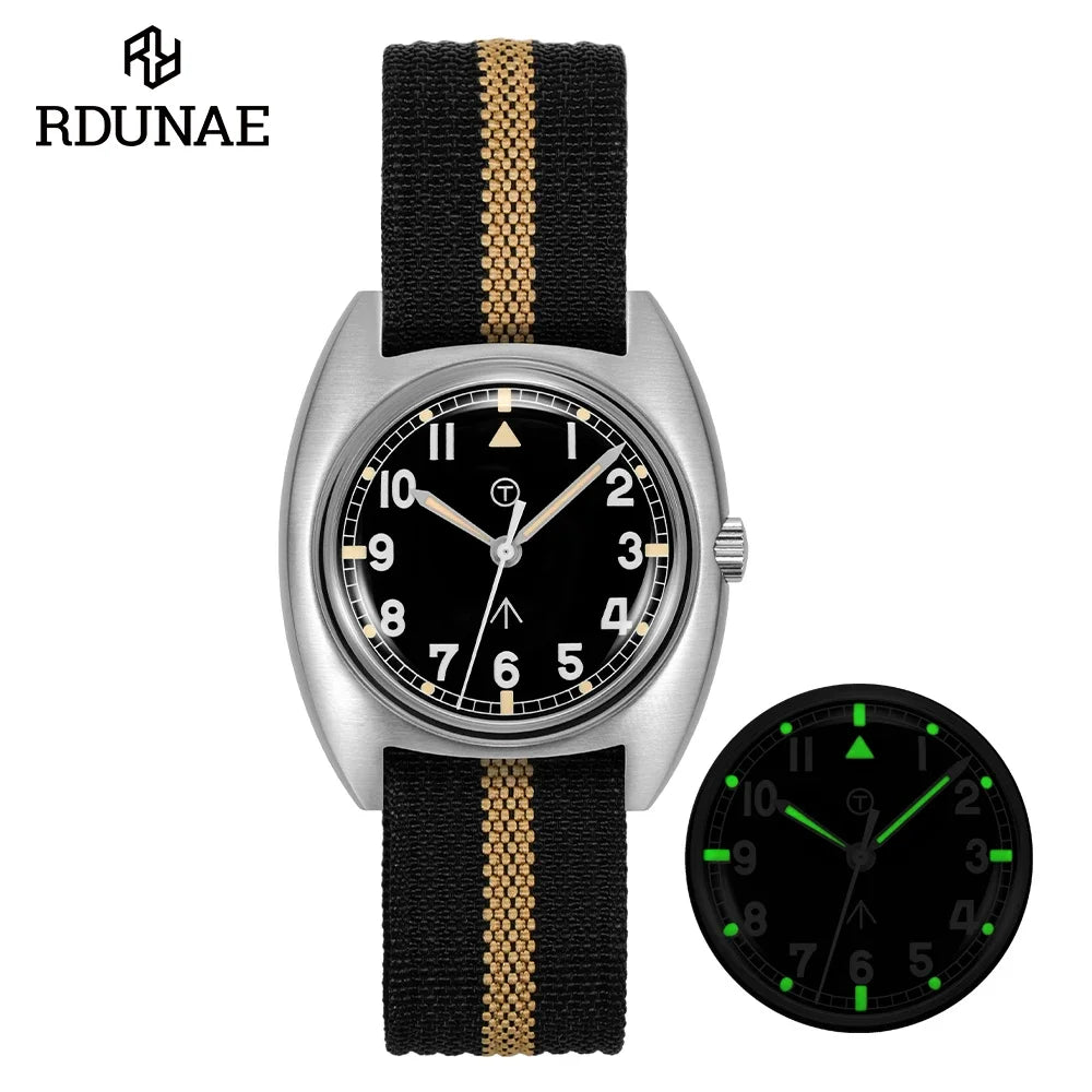 RDUNAE G10 34.5mm Retro Military Watch 316L Stainless Steel K1 Mineral Glass Luminous Personality Sports Quartz Men Pilot Watch