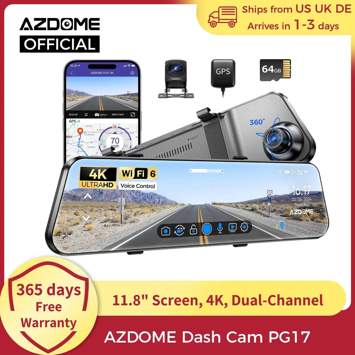 AZDOME PG17 WiFi Mirror Dash Cam 4K Front View Dual Cameras