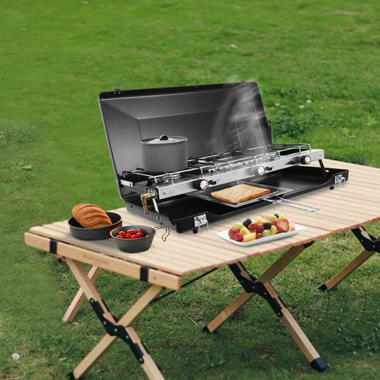 3 Burner Modern Portable Cooking Propane Butane Gas Camping Stove W Grid Tray