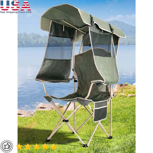 Folding Beach Chair with Canopy Shade Heavy Duty Support 330 lbs
