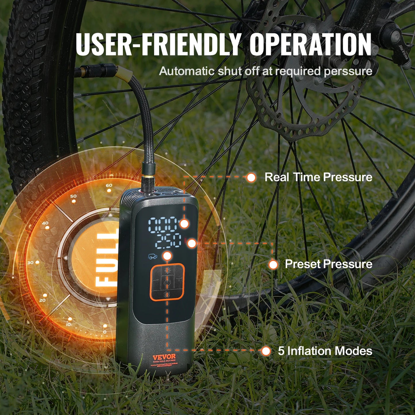 VEVOR Tire Inflator Portable Air Compressor 150 PSI Rechargeable Electric Pump for Car Motorcycle Bike