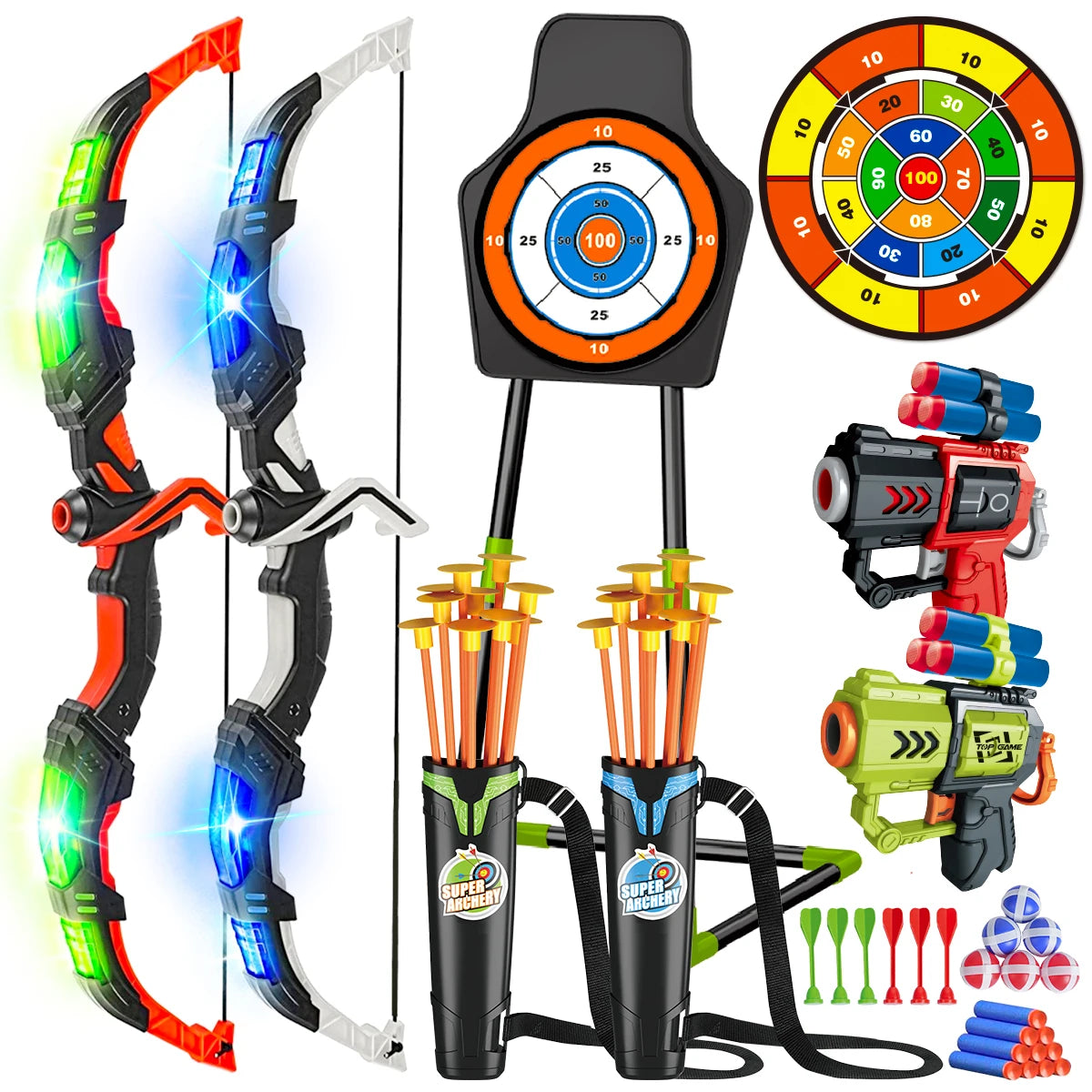 VATOS Children's 2X Bow Arrow + Guns Toy LED Light Archery with Suction Cup Stand Target Dart Board Indoor Outdoor Game