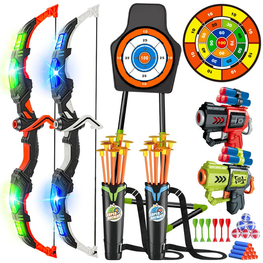 VATOS Children's 2X Bow Arrow + Guns Toy LED Light Archery with Suction Cup Stand Target Dart Board Indoor Outdoor Game