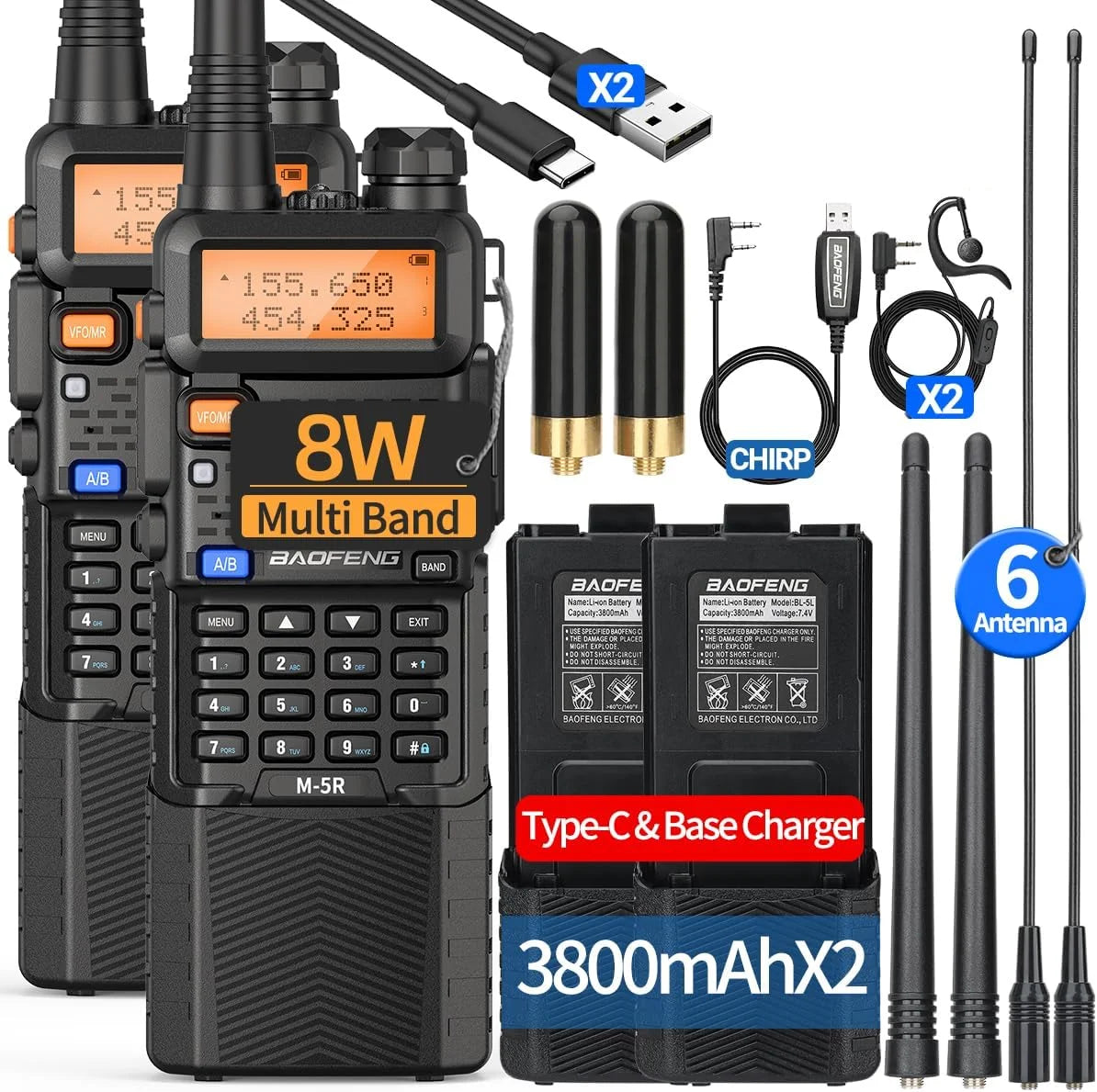 Baofeng M-5R Walkie Talkie Two Way Radio Set with Air Band, FM, and more