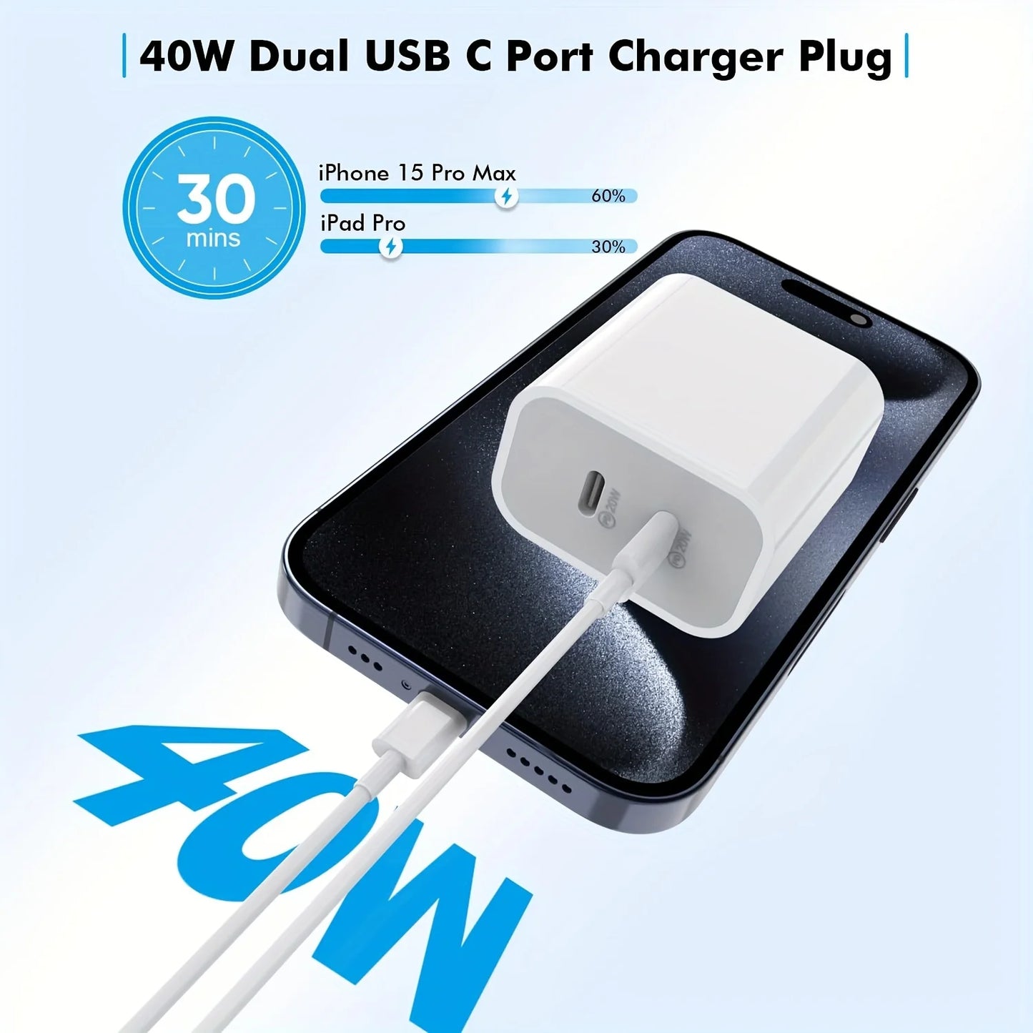 2Pack 40WPD Dual Port Charger Fast Charging With 10FT USB C To C Charging Cable For IPhone 15 Pro Max 15Pro 15 15Plus IPad Pro
