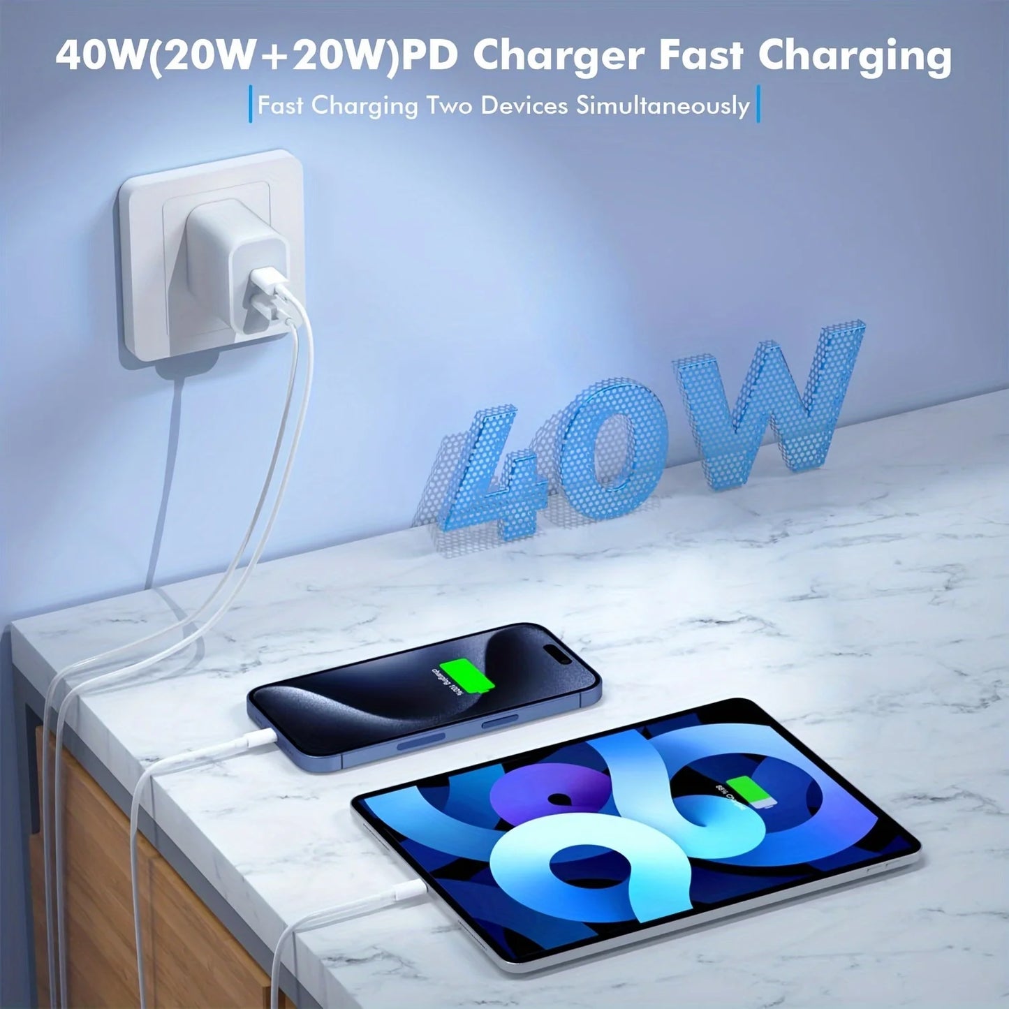 2Pack 40WPD Dual Port Charger Fast Charging With 10FT USB C To C Charging Cable For IPhone 15 Pro Max 15Pro 15 15Plus IPad Pro