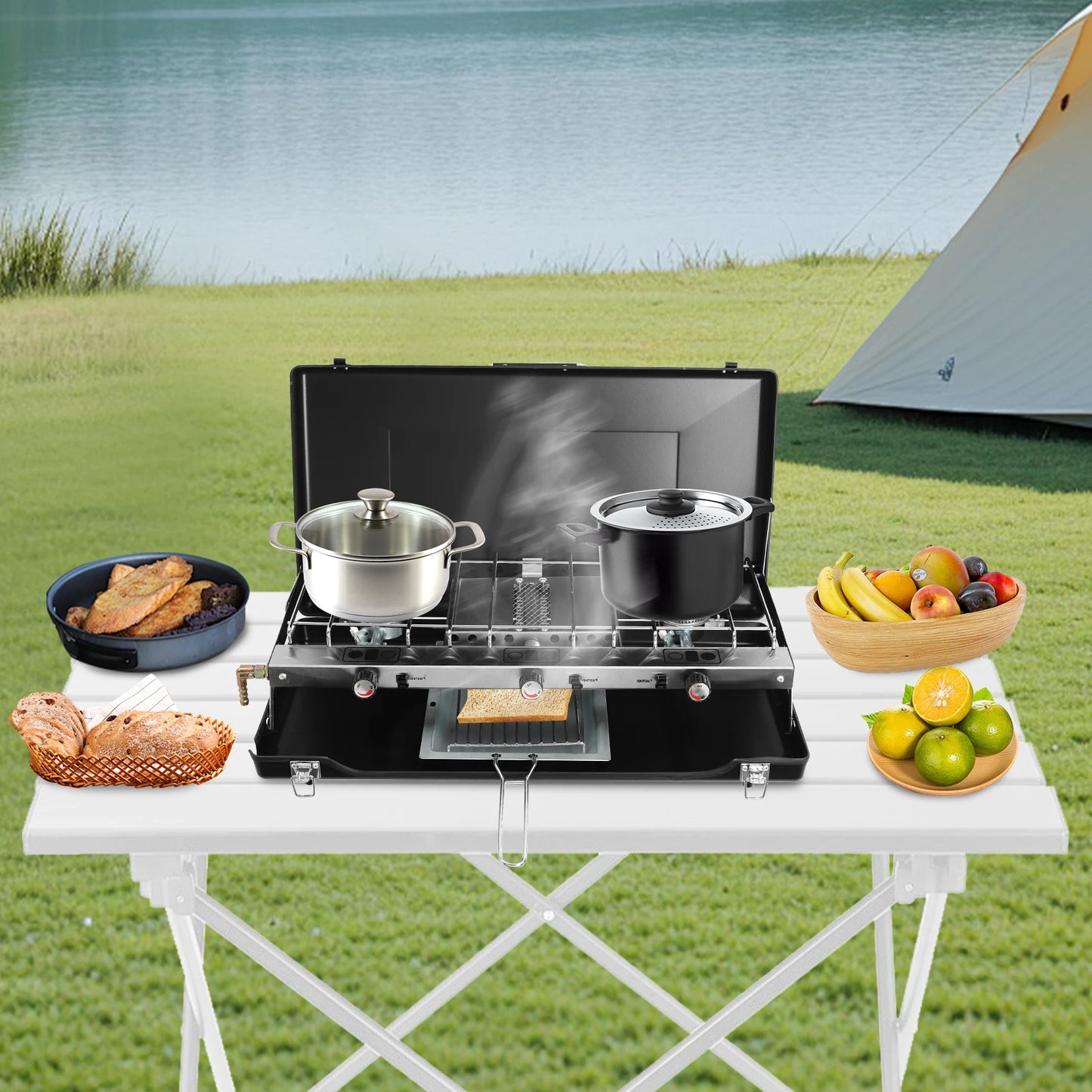 3 Burner Modern Portable Cooking Propane Butane Gas Camping Stove W Grid Tray