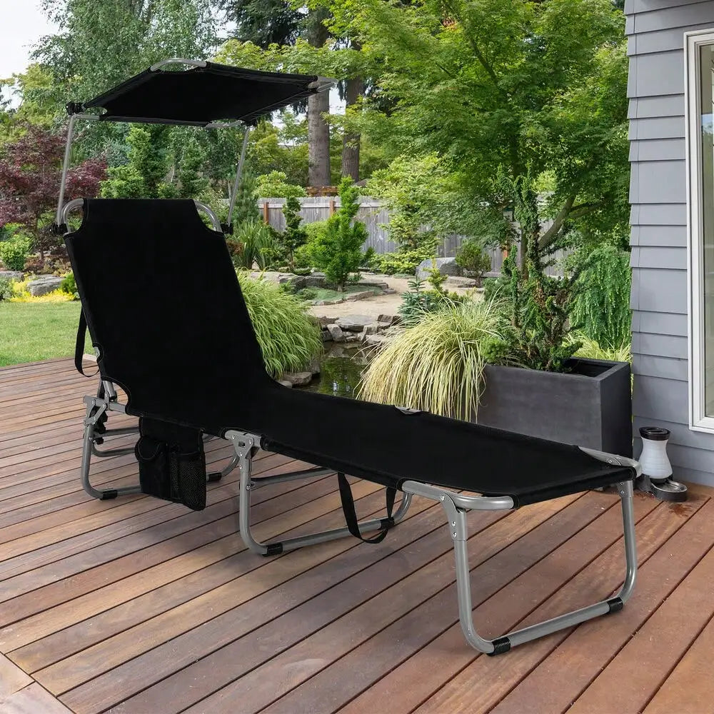 Foldable Lounge Chair Adjustable Outdoor Beach Patio Pool Recliner Black With Sunshade
