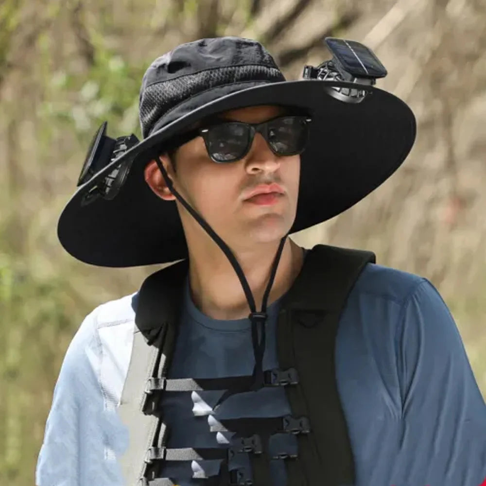 Wide Brim Outdoor Fishing Hat with Integrated Fan for Comfort