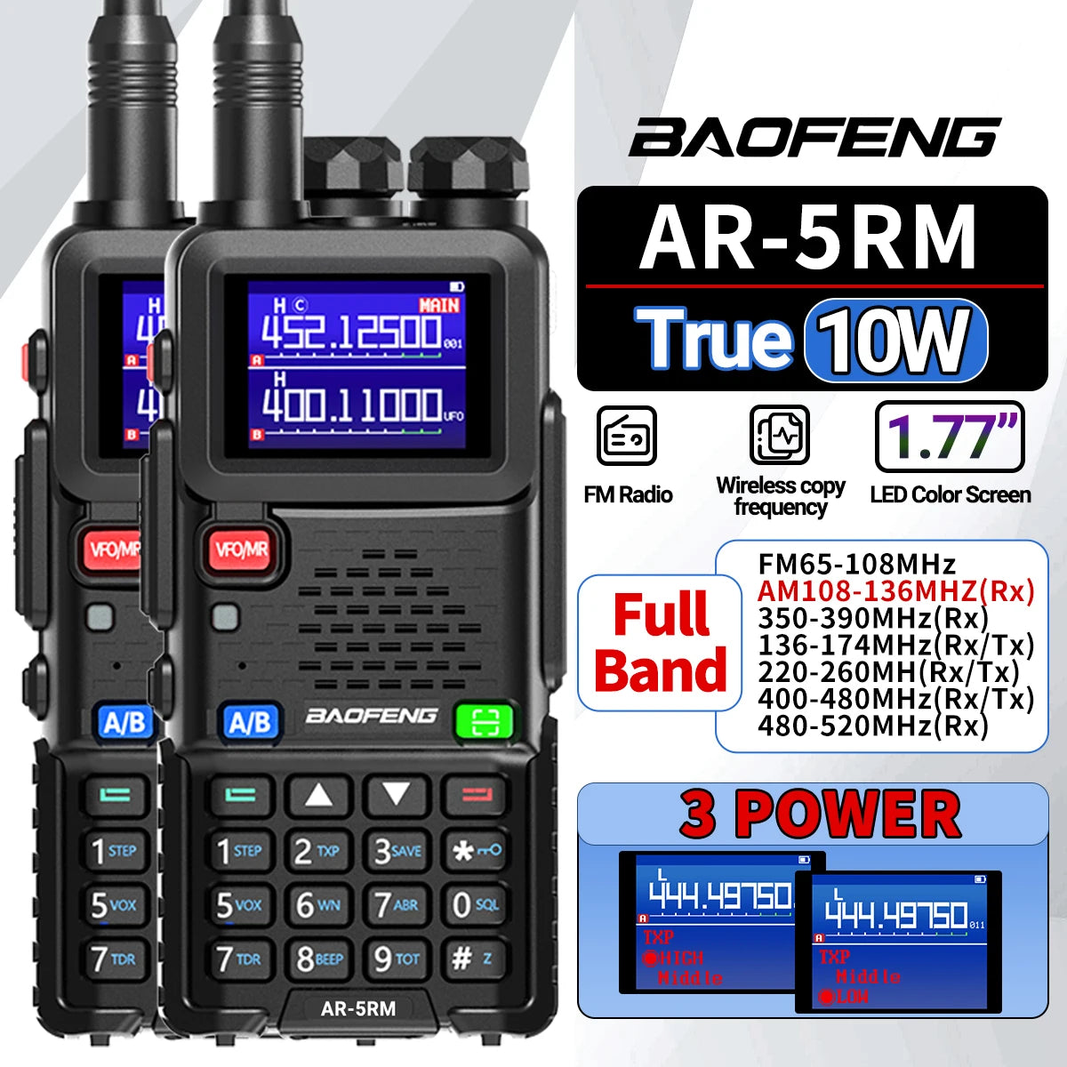2 Pack Baofeng AR5RM Multi Band Walkie Talkie 10W Ham Radio