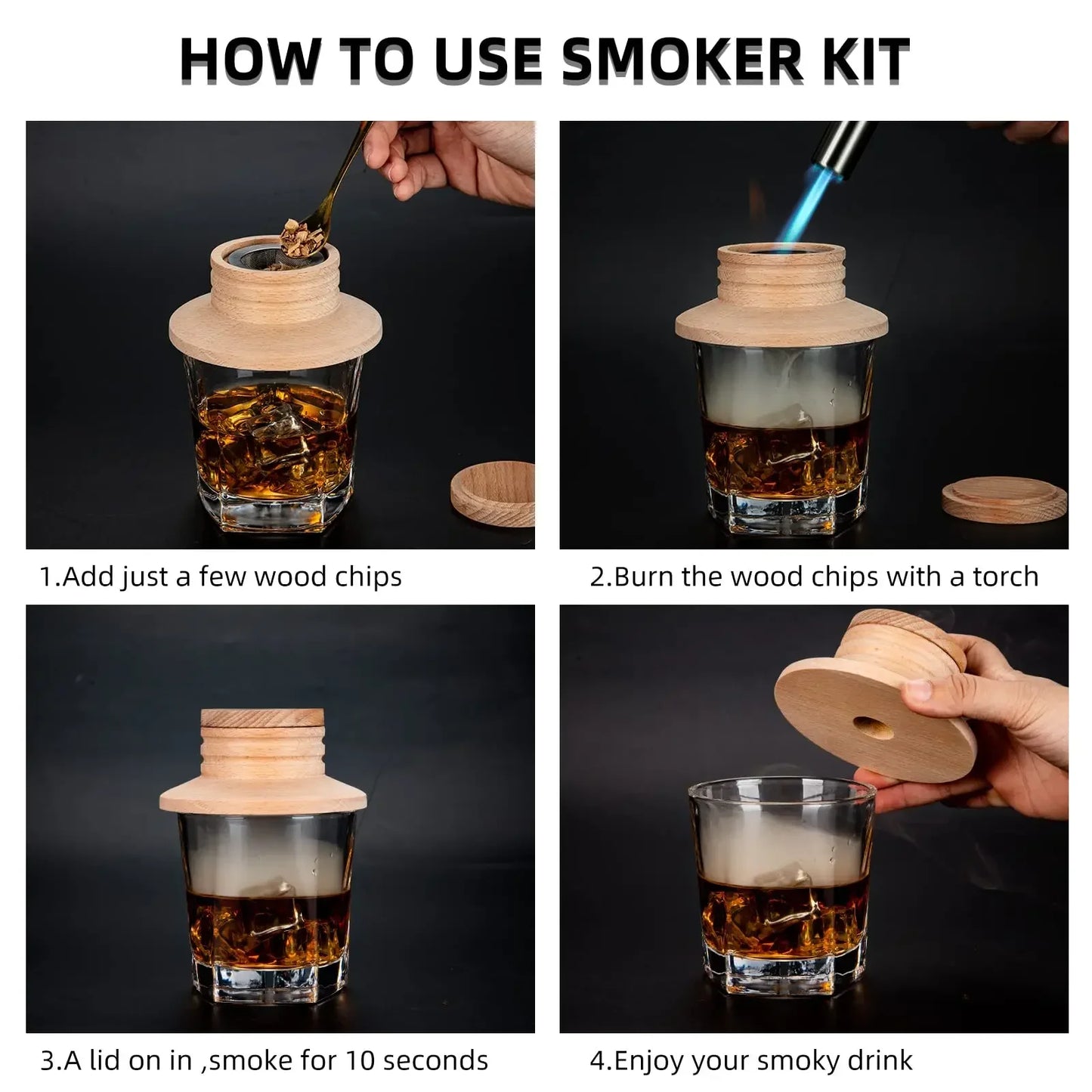 Wooden Cocktail Smoker Kit For Whiskey Drinks with natural wood chips