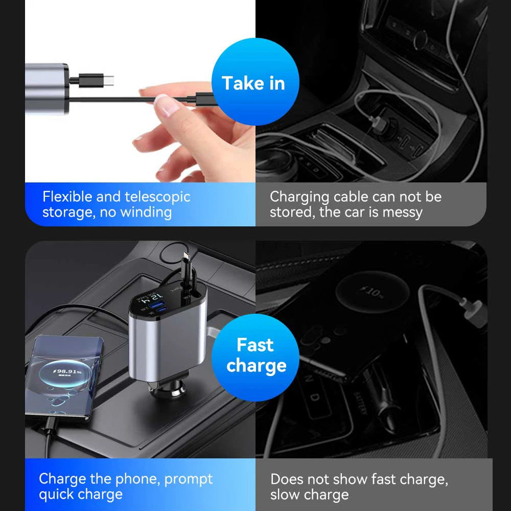 120W 4 In 1 Car Charger Retractable USB Type C Adapter