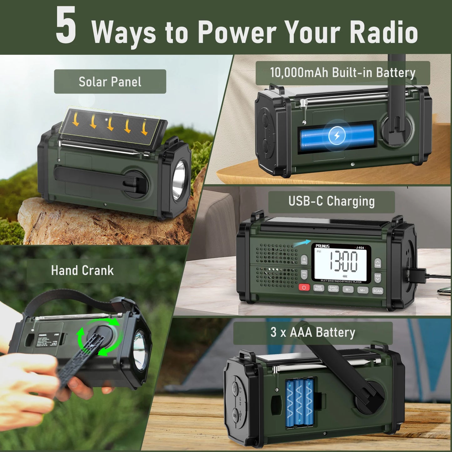 Prunus 924 10000mAh Hand Crank Radio Solar Power Bank
