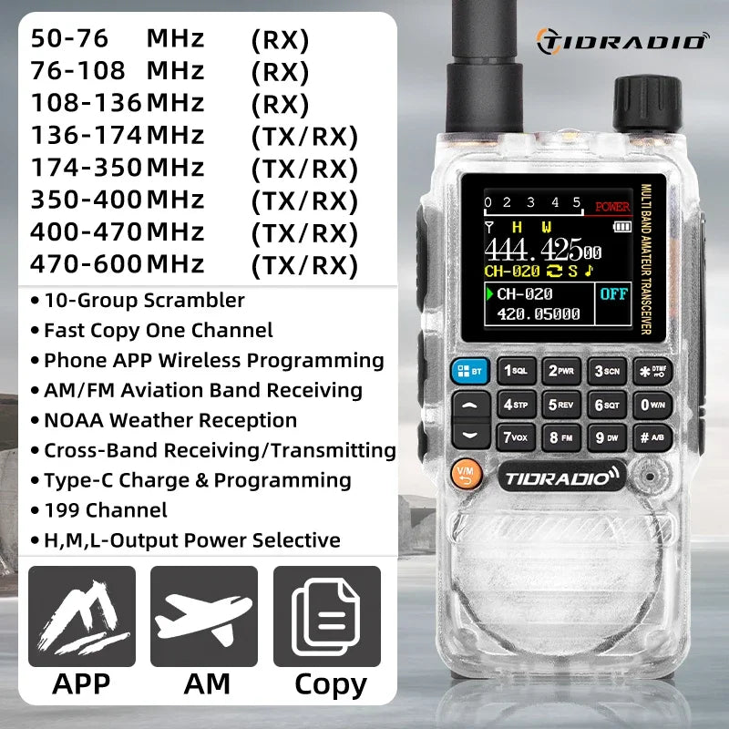 TIDRADIO H3 Walkie Talkie Phone APP Wireless Programming HAM Air Band Long Range Radio USB Type-C Cable Programming and Charge