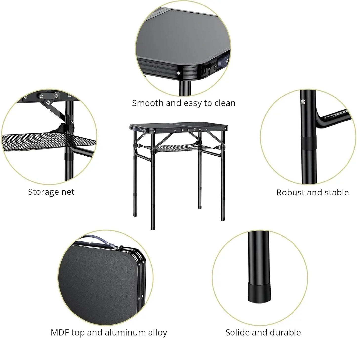 Folding Camping Table, Black Aluminum 23.2"x16", Adjustable H 26.4", Lightweight, Portable, Storage Net, Waterproof (128 chars)