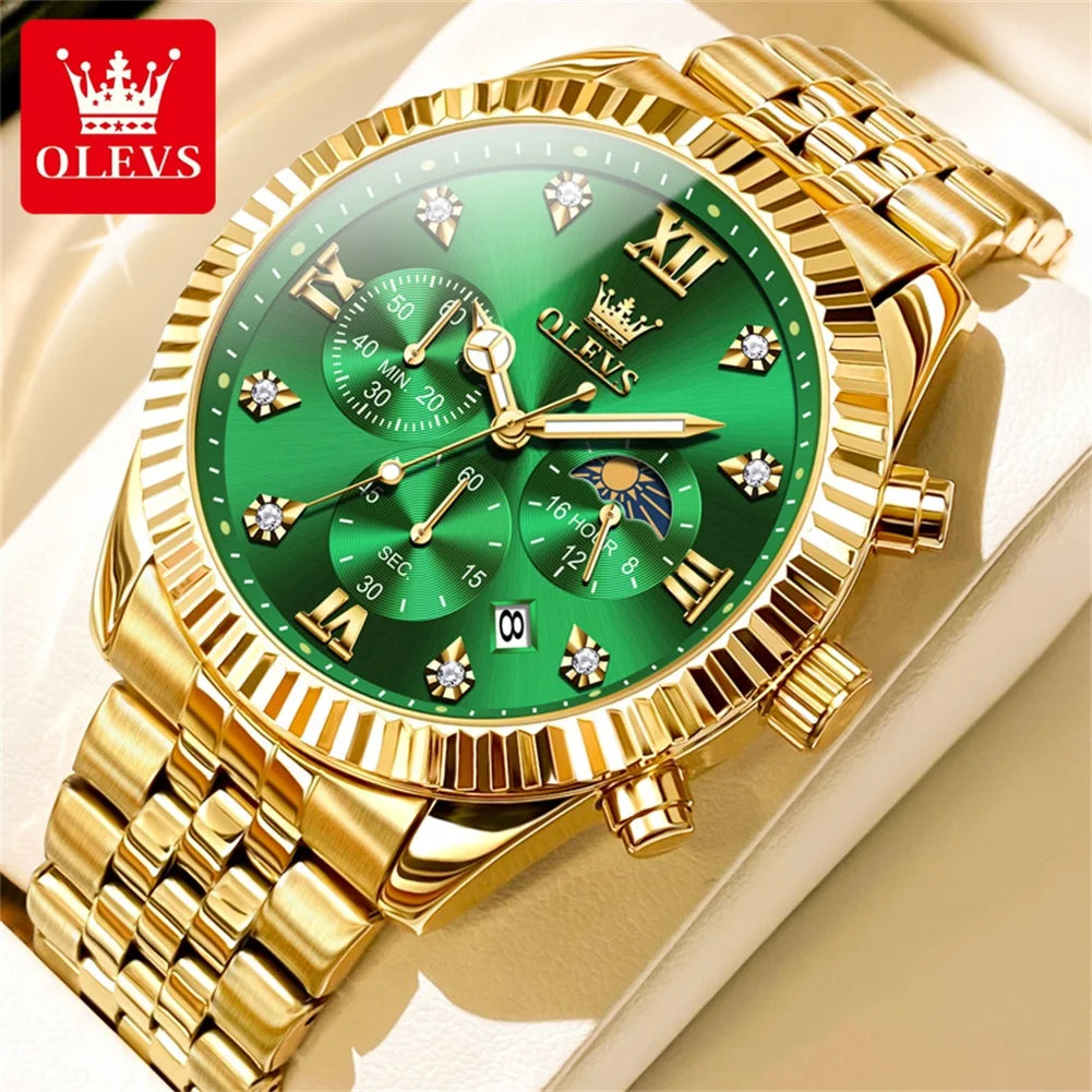 OLEVS Brand Luxury Waterproof Men's Moon Phase Quartz Watch Gold Stainless Steel Strap