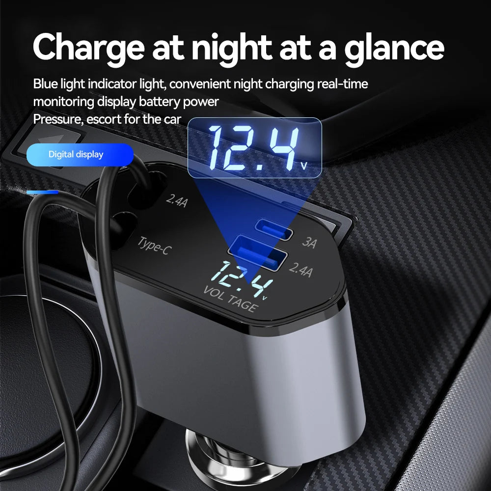 120W 4 In 1 Car Charger Retractable USB Type C Adapter