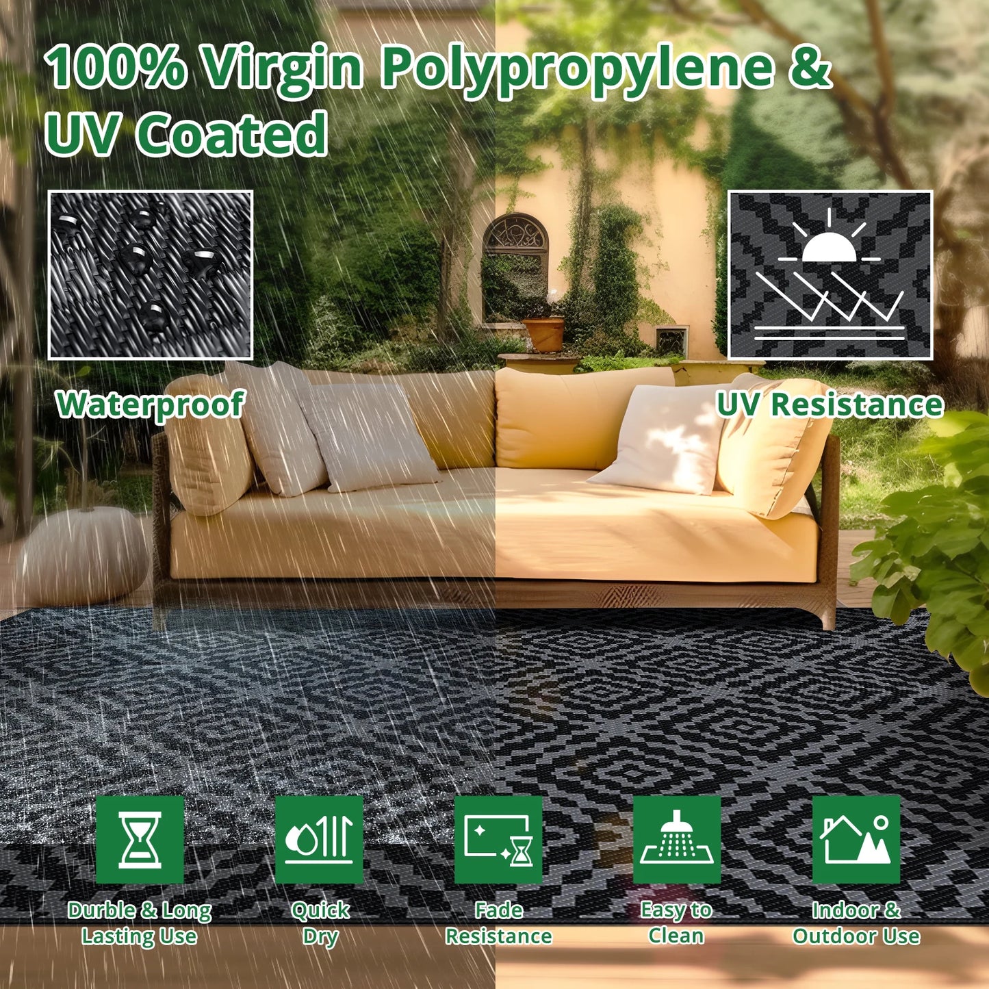 Outdoor Camping Rug Waterproof Reversible Mat UV PVC RV