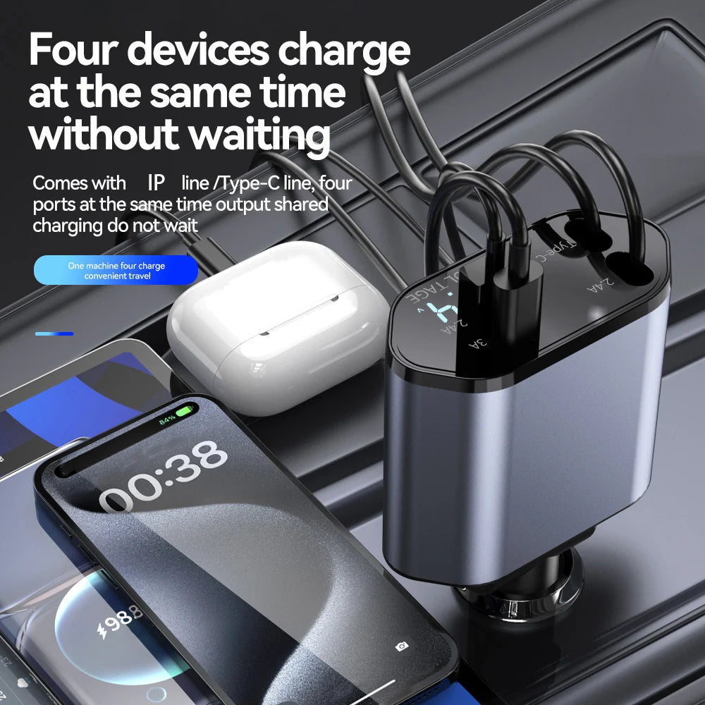 120W 4 In 1 Car Charger Retractable USB Type C Adapter