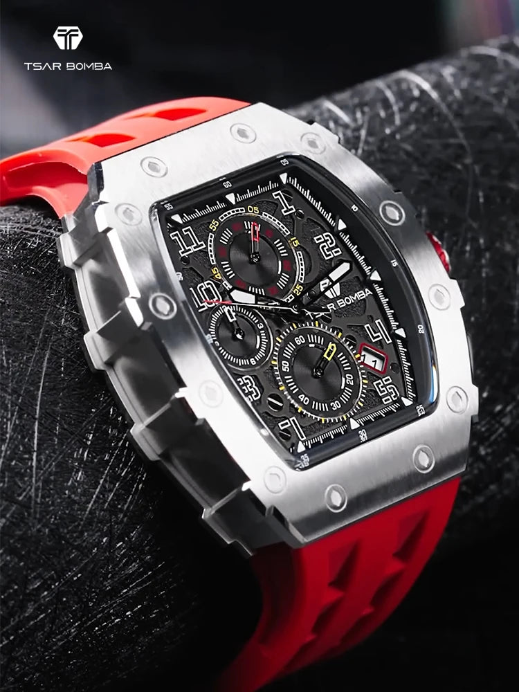 TSAR BOMBA Watch for Men Top Brand Luxury Waterproof Quartz Wristwatch Tonneau Clock Chronograph Rectangle Mens Watch
