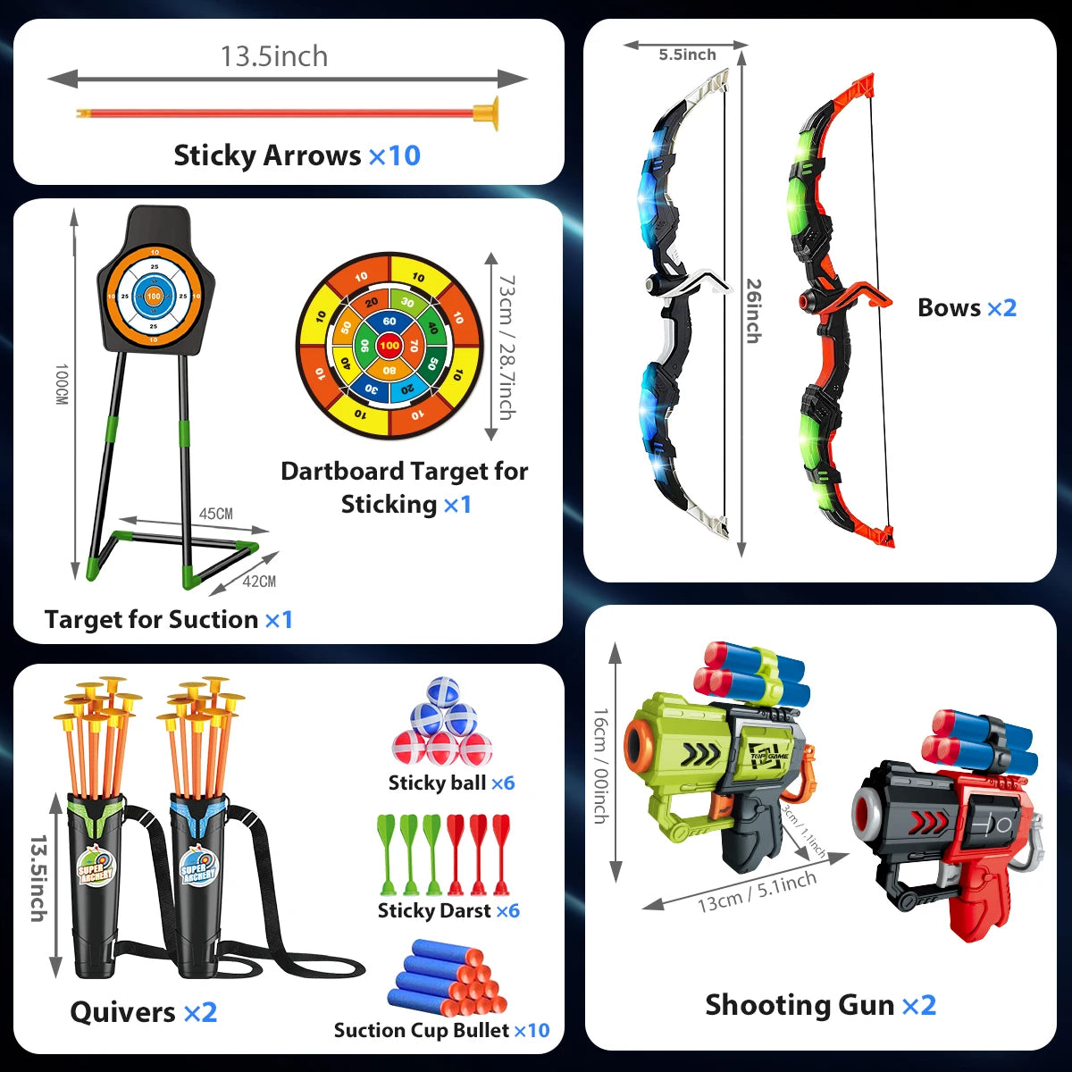 VATOS Children's 2X Bow Arrow + Guns Toy LED Light Archery with Suction Cup Stand Target Dart Board Indoor Outdoor Game