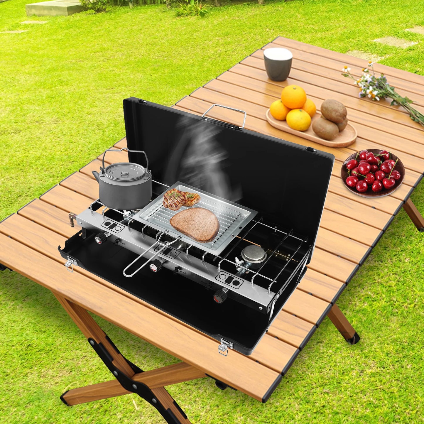 3 Burner Modern Portable Cooking Propane Butane Gas Camping Stove W Grid Tray
