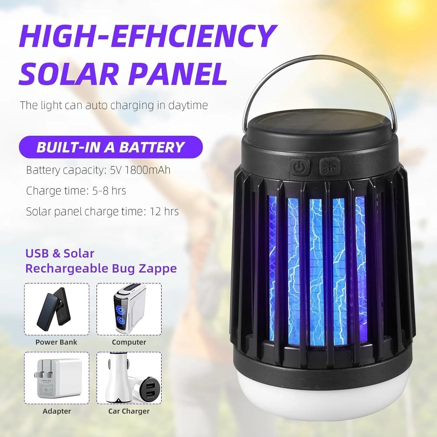 Cordless Solar Bug Zappers for Home and Camping Use, pkg of 2