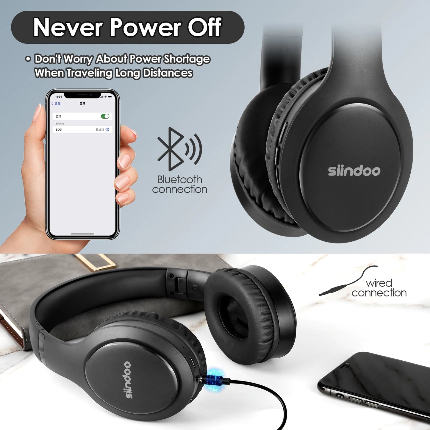 Siindoo Wireless Bluetooth Headphones Foldable Stereo