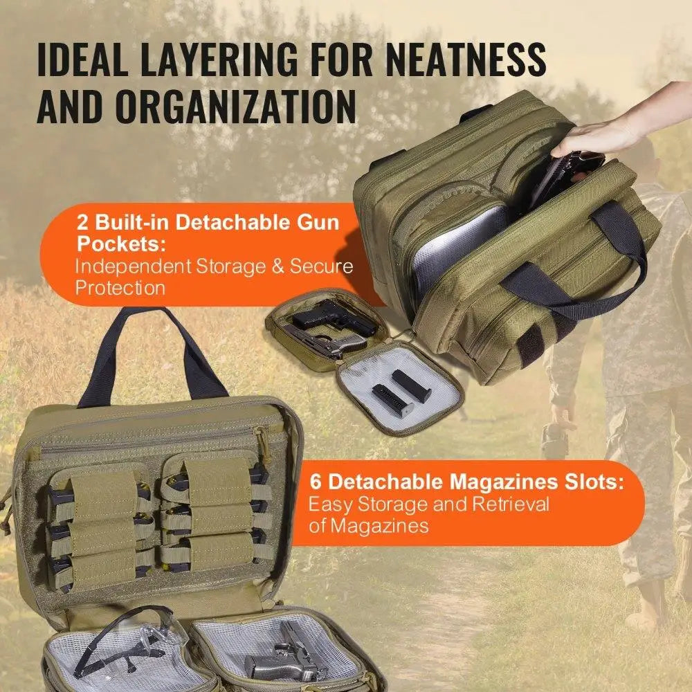 Tactical Bag for 2 Pistol Range Case with Pouches Brown