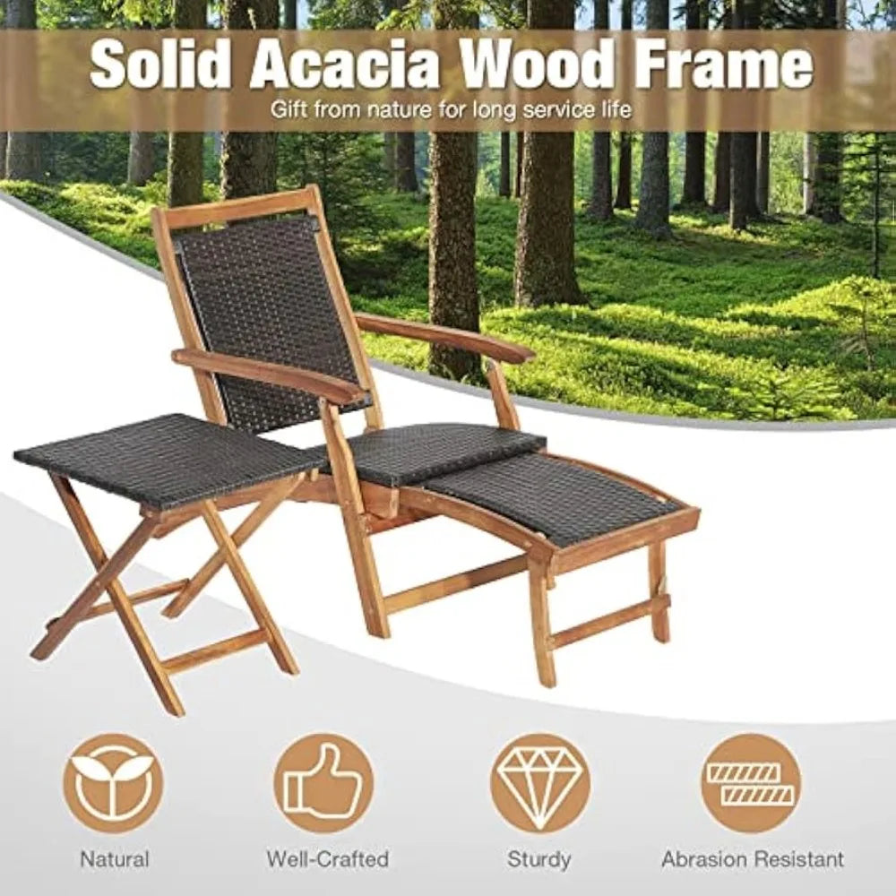 Patio Chaise Lounge Chairs and Table, Acacia Wood Folding Rattan Wicker Chairs w/Retractable Footrest, Side Table, 3-Pieces