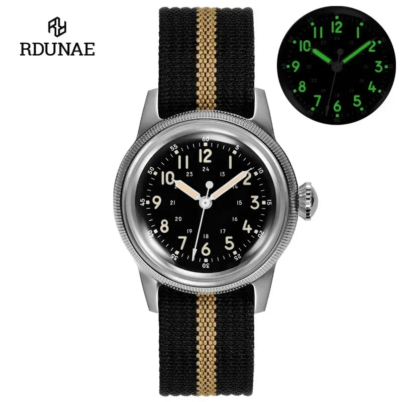 RDUNAE G10 34.5mm Retro Military Watch 316L Stainless Steel K1 Mineral Glass Luminous Personality Sports Quartz Men Pilot Watch