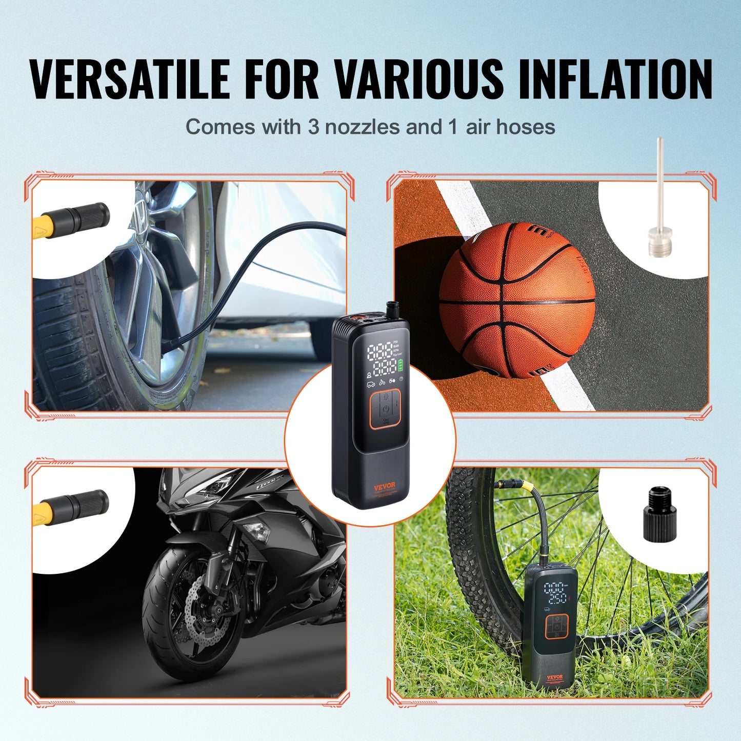 VEVOR Tire Inflator Portable Air Compressor 150 PSI Rechargeable Electric Pump for Car Motorcycle Bike