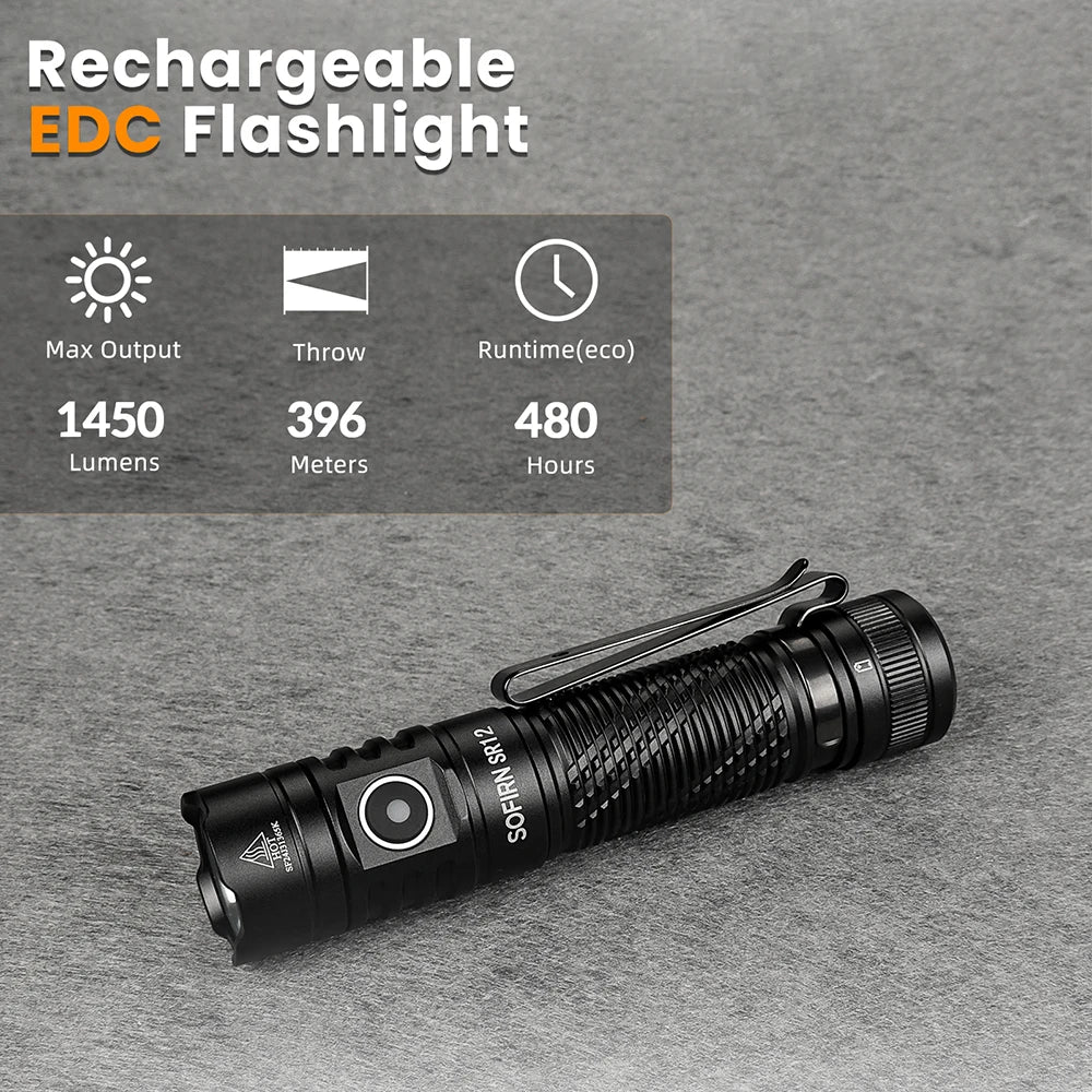 Sofirn SR12 EDC Flashlight 1450LM USB C Torch IP68 Waterproof