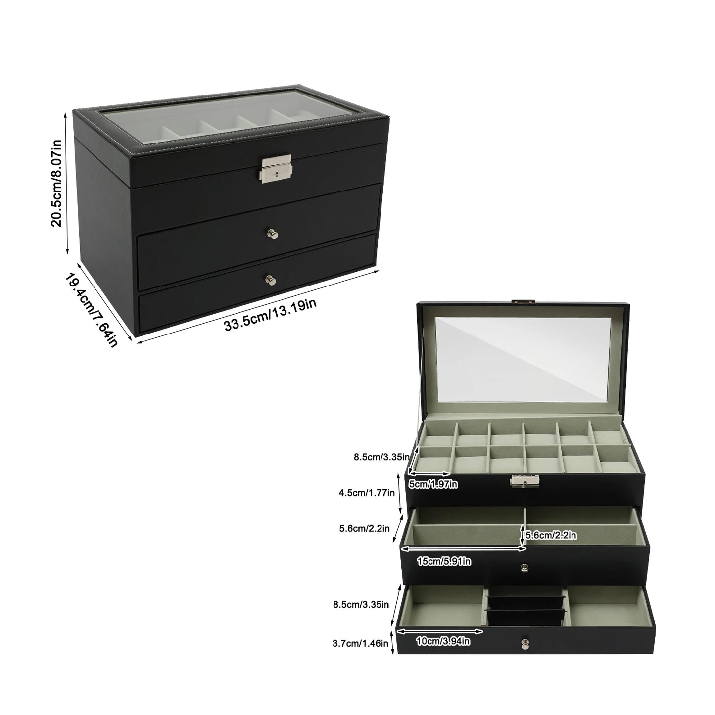 Hign-concerned 3 Tiers Jewelry Box Display Case Glass Top