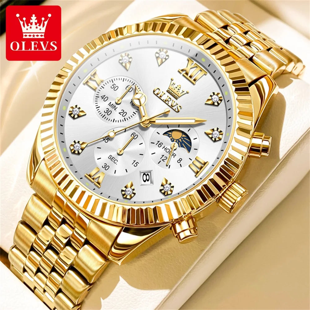 OLEVS Brand Luxury Waterproof Men's Moon Phase Quartz Watch Gold Stainless Steel Strap