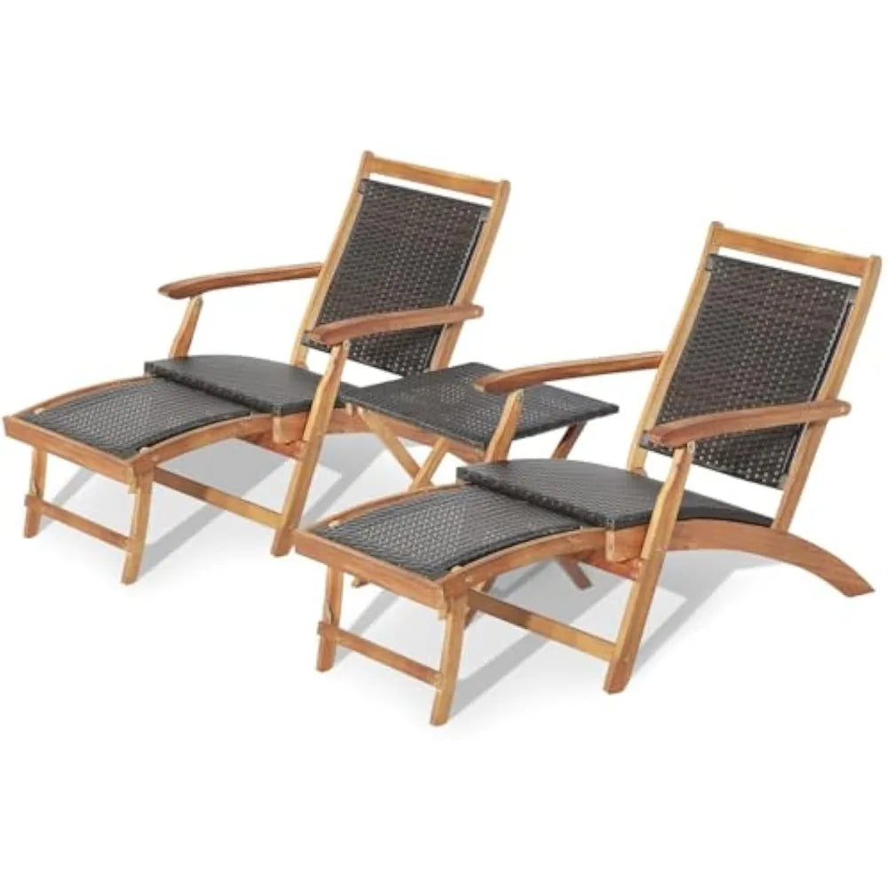 Patio Chaise Lounge Chairs and Table, Acacia Wood Folding Rattan Wicker Chairs w/Retractable Footrest, Side Table, 3-Pieces