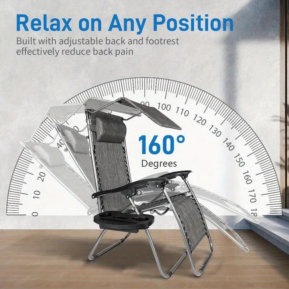 Heavy Duty Zero Gravity Folding Lounge Beach Chair With Canopy + Cup Holder Gray