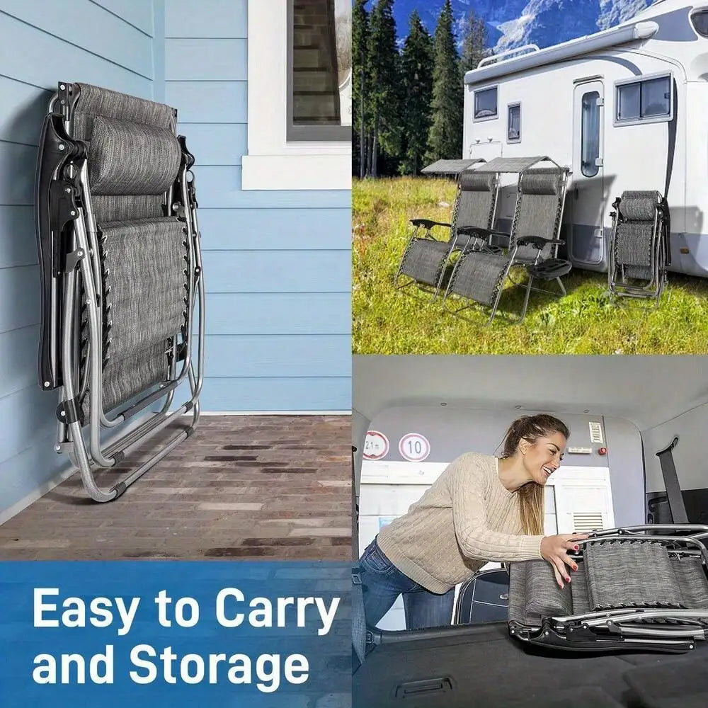 Heavy Duty Zero Gravity Folding Lounge Beach Chair With Canopy + Cup Holder Gray