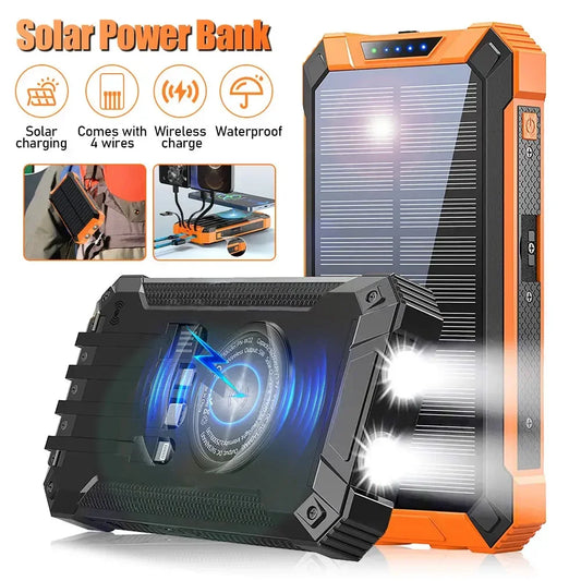 Solar Mobile Power Bank Portable Wireless Fast Charging 10000mAh with 4USB Suitable for iPhone Xiaomi Huawei with 2LED Light