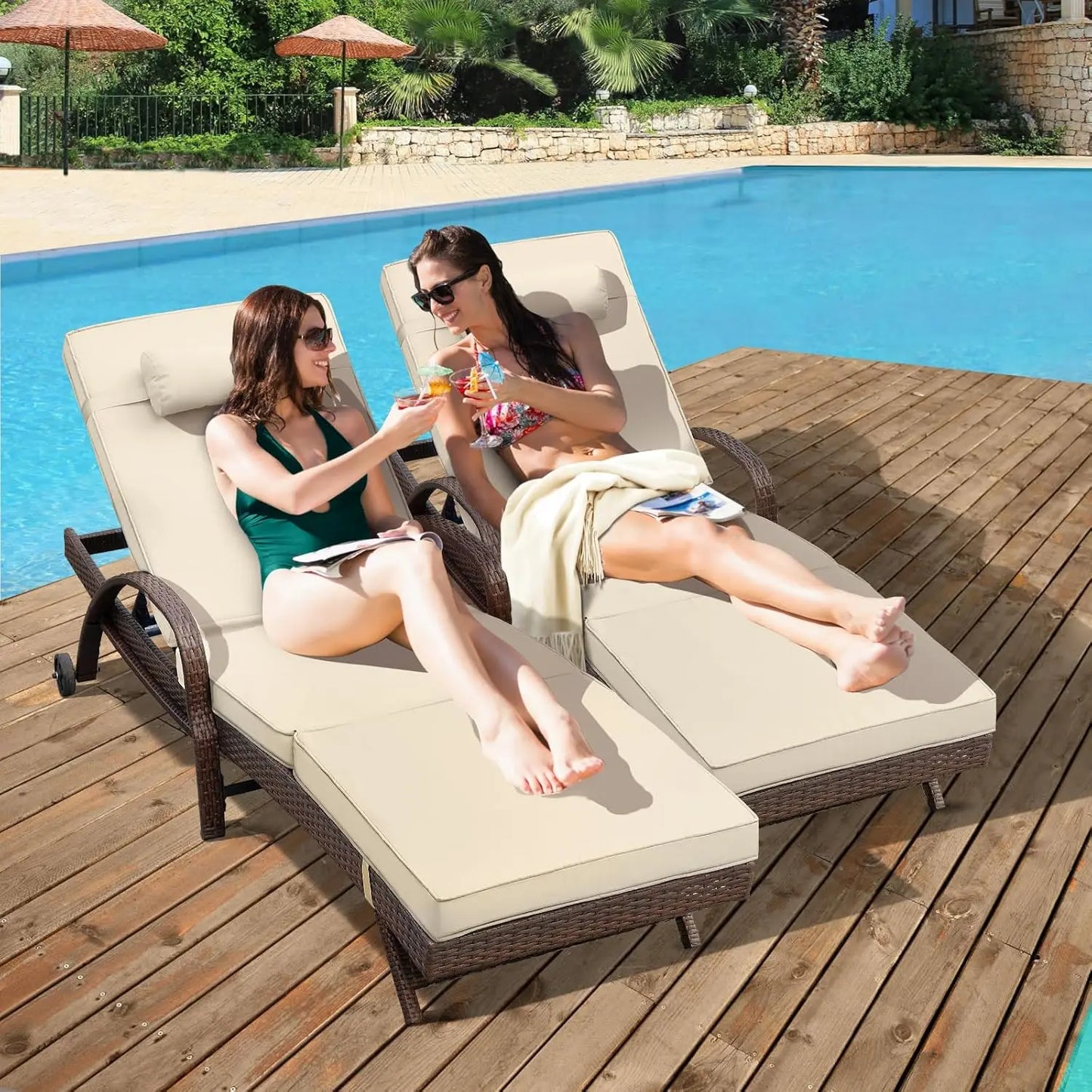 Outdoor Lounge Chairs Set of Beach Wicker Chaise Lounge