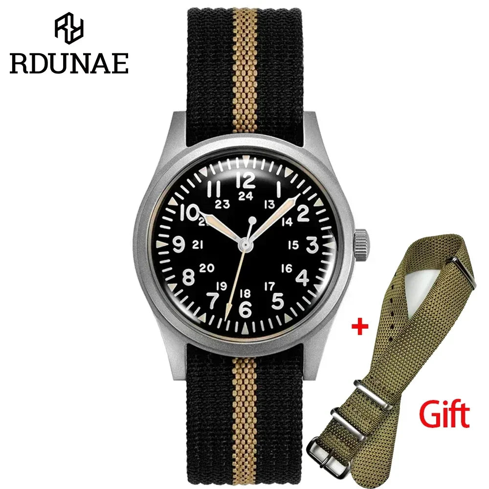 RDUNAE G10 34.5mm Retro Military Watch 316L Stainless Steel K1 Mineral Glass Luminous Personality Sports Quartz Men Pilot Watch