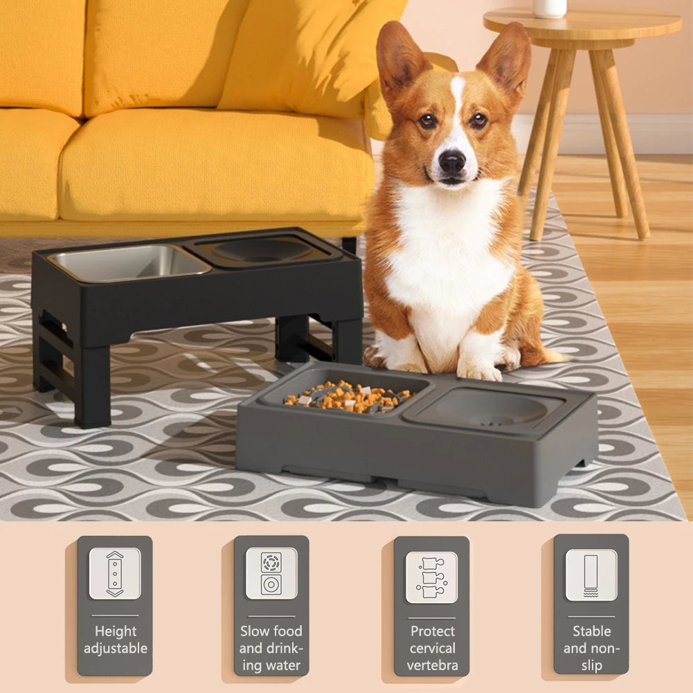 Elevated Dog Food Slow Feeder 4 Adjustable Heights Bowl Stand