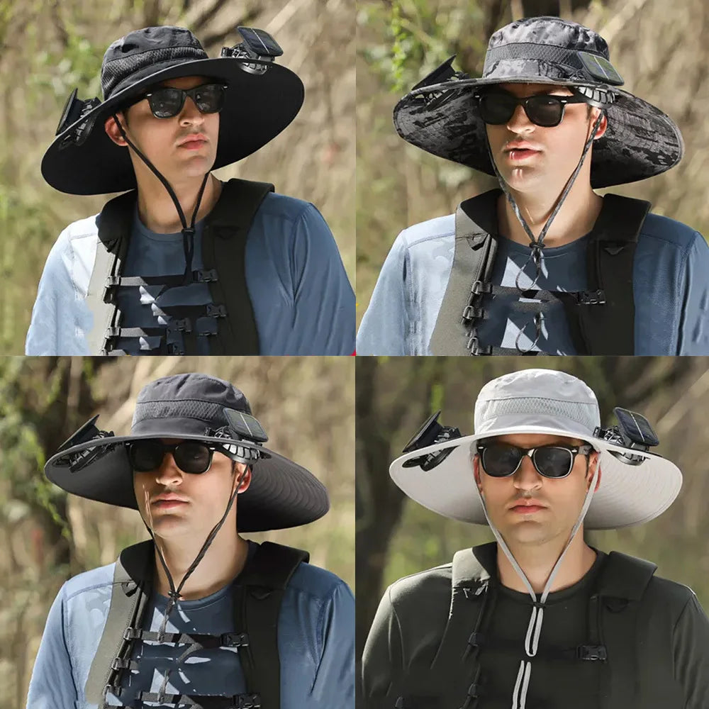 Wide Brim Outdoor Fishing Hat with Integrated Fan for Comfort