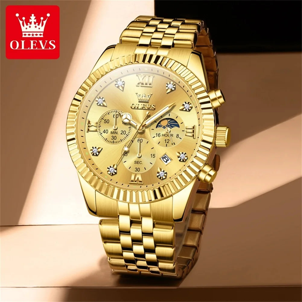 OLEVS Brand Luxury Waterproof Men's Moon Phase Quartz Watch Gold Stainless Steel Strap
