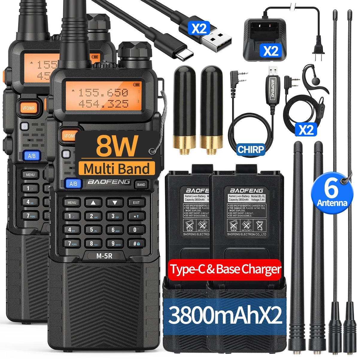 Baofeng M-5R Walkie Talkie Two Way Radio Set with Air Band, FM, and more