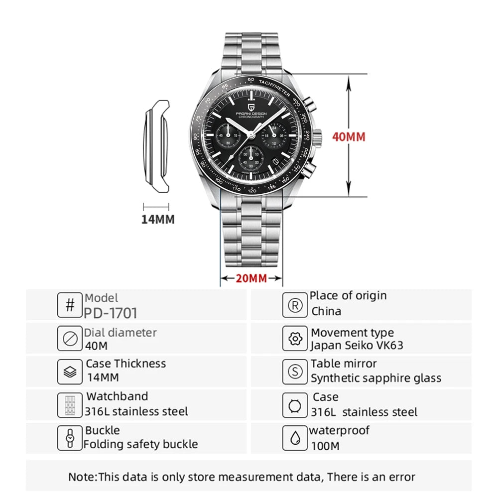 Pagani Design V5 Mens Watch Chronograph Stainless Steel