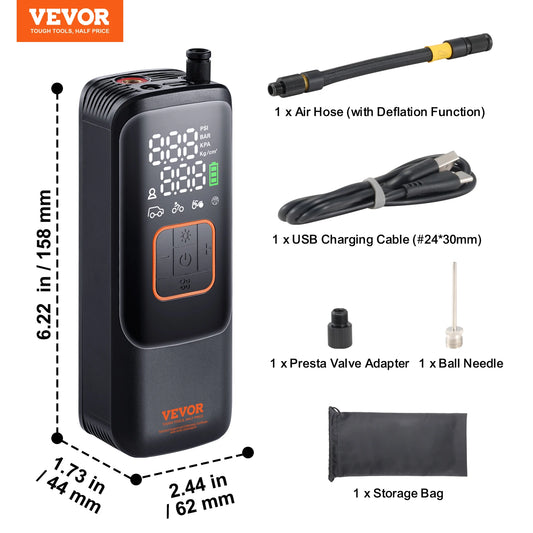 VEVOR Tire Inflator Portable Air Compressor 150 PSI Rechargeable Electric Pump for Car Motorcycle Bike